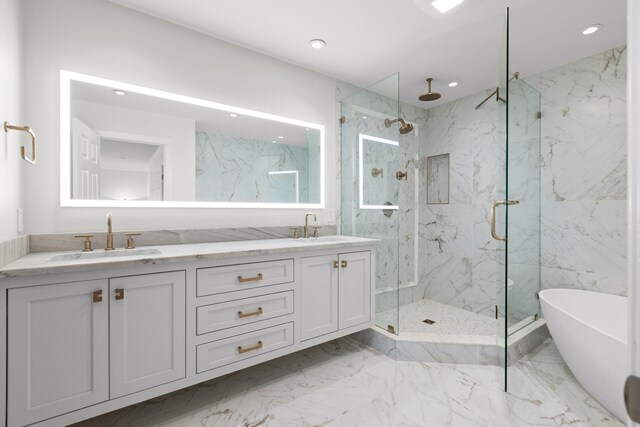 bathroom with tile flooring, plus walk in shower, and dual bowl vanity