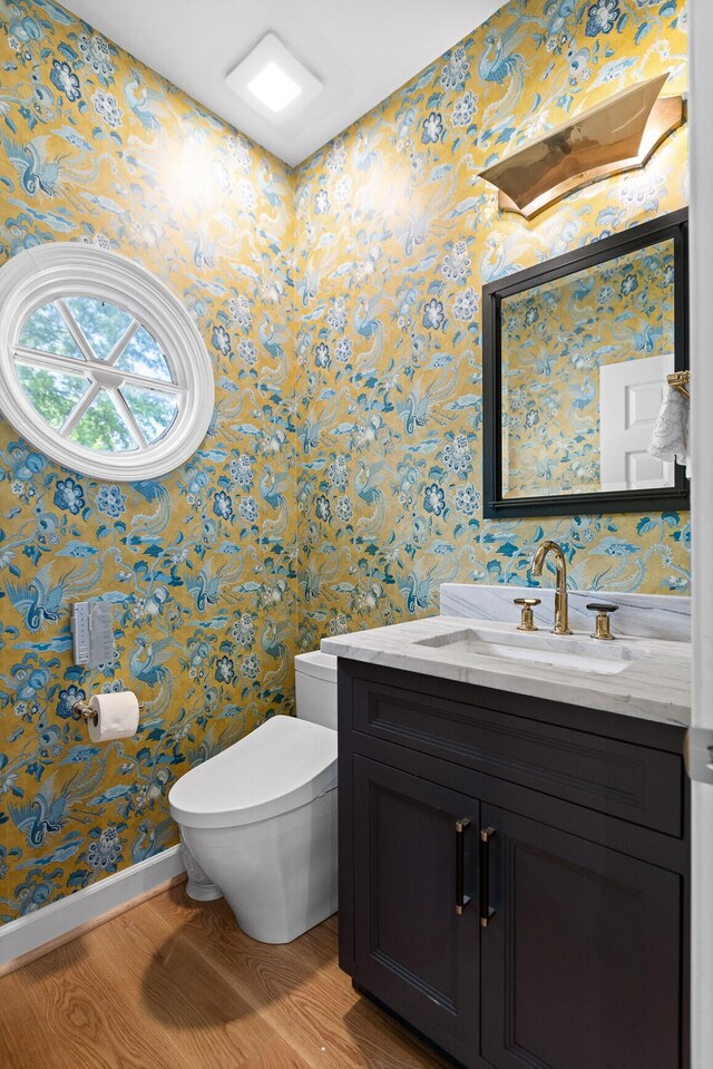 bathroom with hardwood / wood-style flooring, vanity, and toilet