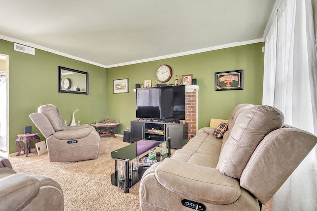 living room with crown molding and carpet floors