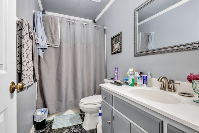 bathroom with tile flooring, ornamental molding, vanity, and toilet