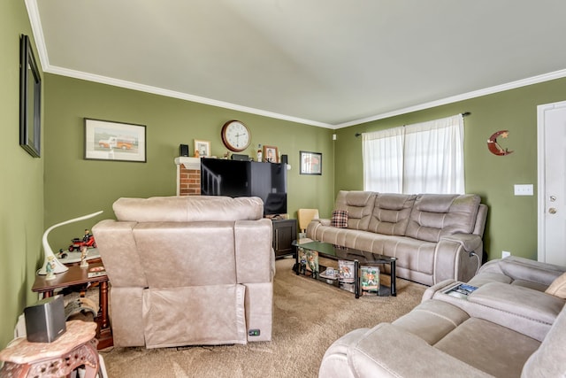 carpeted living room featuring ornamental molding