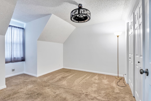 additional living space with carpet, a textured ceiling, and lofted ceiling