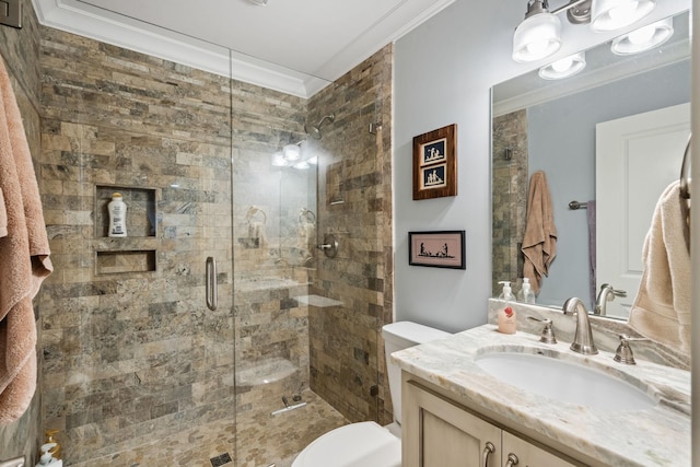 1780 Molly Hollow Rd, Nolensville, TN 37135 - bathroom with vanity, toilet, a shower with door, and crown molding