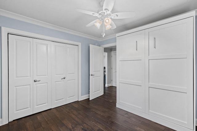 1780 Molly Hollow Rd, Nolensville, TN 37135 - unfurnished bedroom with a closet, dark hardwood / wood-style floors, ceiling fan, and crown molding