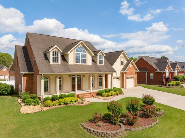 new england style home featuring a garage, covered porch, and a front yard