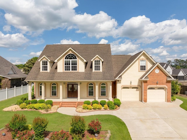 view of front of house featuring a porch, a garage, and a front lawn