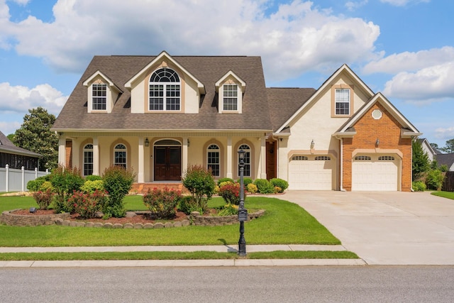 view of front of property featuring covered porch, a front yard, and a garage