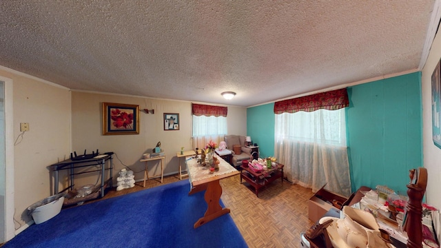 interior space with crown molding, parquet floors, and a textured ceiling