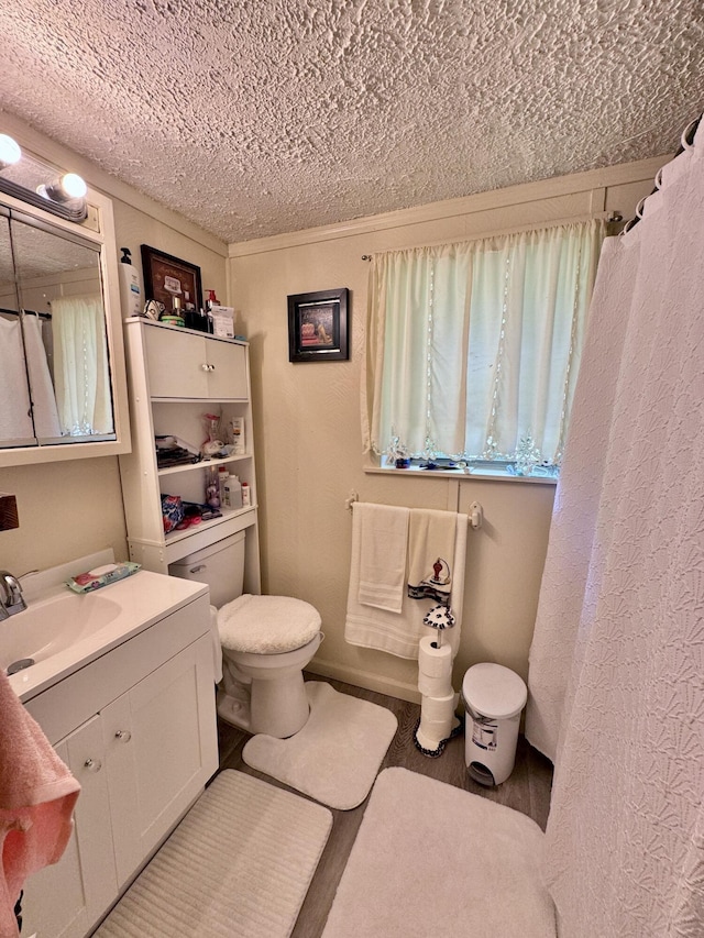 bathroom featuring vanity, a textured ceiling, and toilet