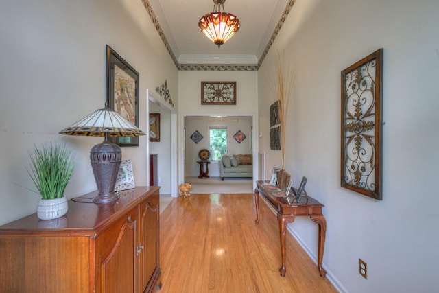 hall featuring light wood-type flooring and ornamental molding