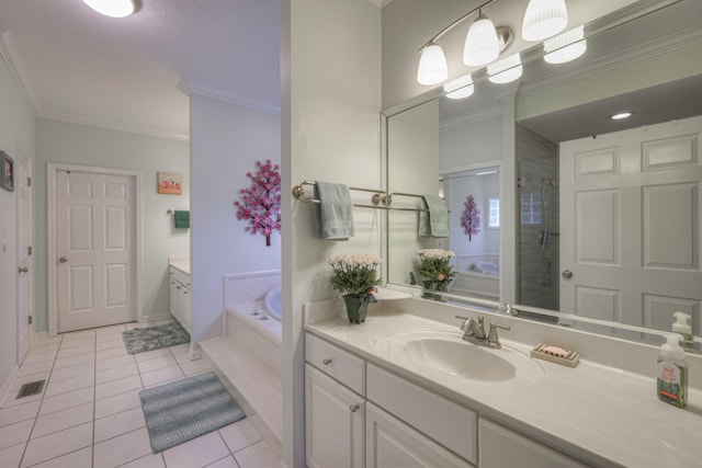 bathroom with tile patterned flooring, vanity, plus walk in shower, and crown molding