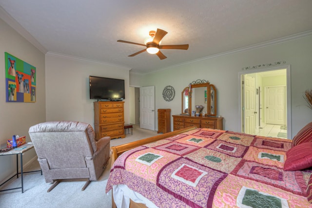 carpeted bedroom with ceiling fan, ornamental molding, and a textured ceiling