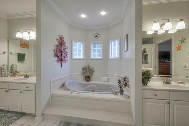 bathroom featuring tile patterned floors, vanity, a relaxing tiled tub, and ornamental molding