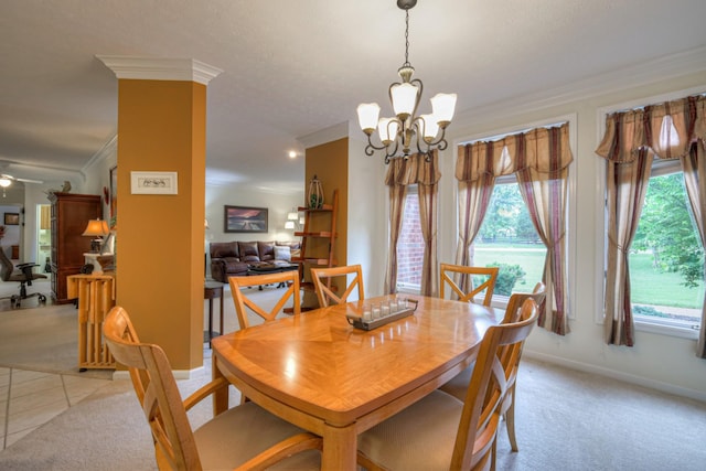 dining room with ceiling fan with notable chandelier, crown molding, and light carpet