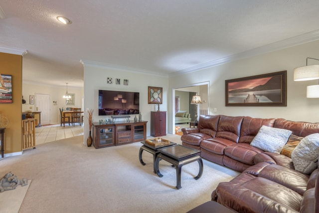 living room with light carpet, a textured ceiling, an inviting chandelier, and ornamental molding