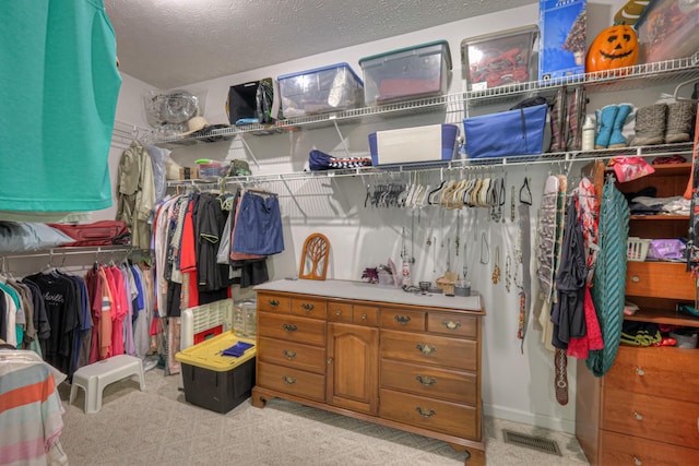 walk in closet with light carpet