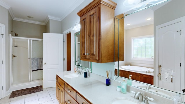 bathroom with tile patterned flooring, vanity, ornamental molding, and plus walk in shower