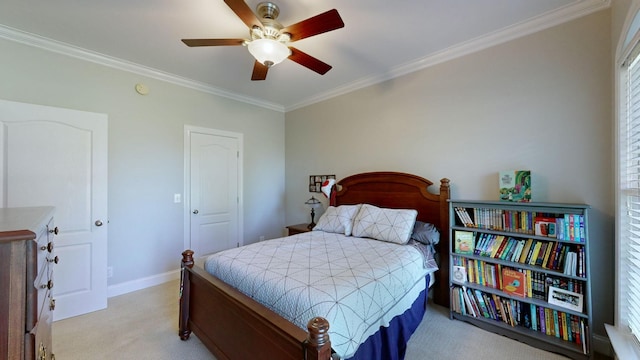 bedroom featuring ceiling fan, light colored carpet, and ornamental molding