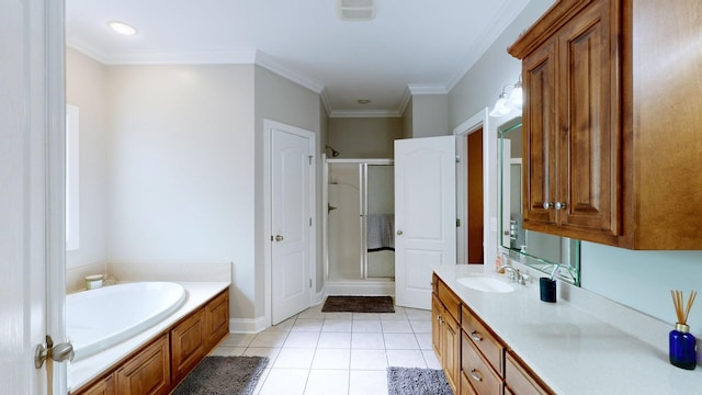 bathroom with tile patterned flooring, vanity, independent shower and bath, and ornamental molding