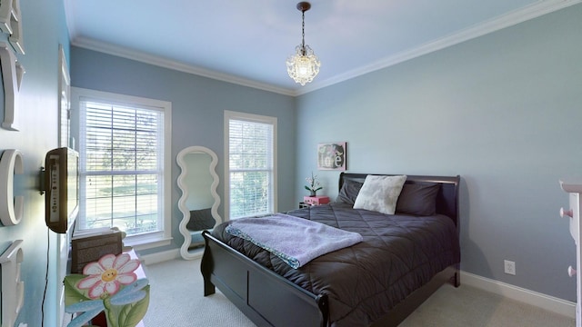 bedroom featuring light colored carpet, ornamental molding, and a chandelier