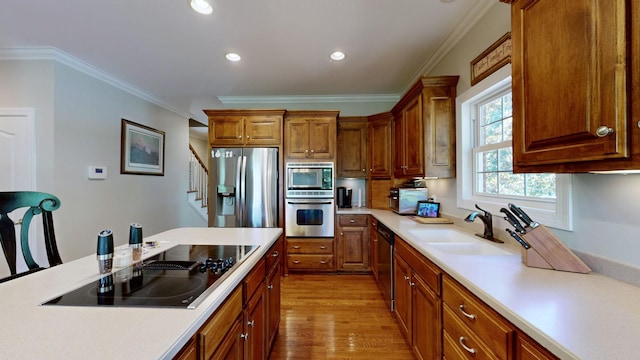 kitchen featuring appliances with stainless steel finishes, crown molding, and sink