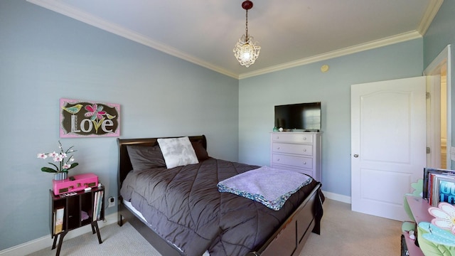 carpeted bedroom featuring crown molding