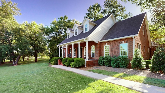 new england style home with a porch and a front yard