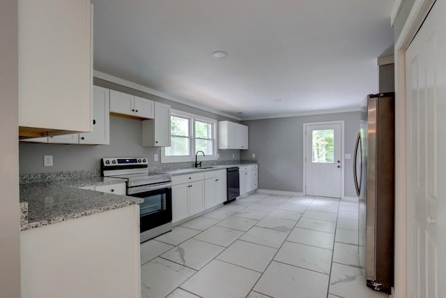 kitchen with white cabinets, electric range, stainless steel refrigerator, and dishwasher