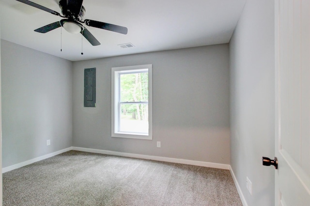 carpeted empty room featuring electric panel and ceiling fan