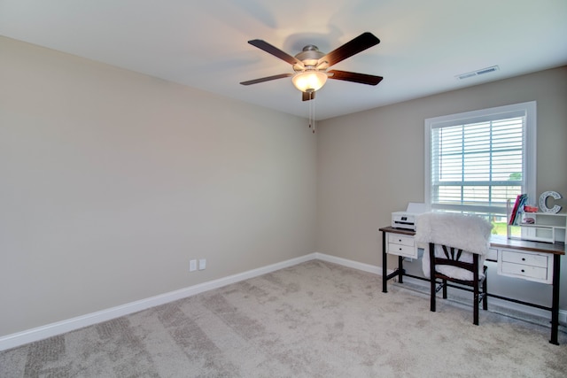 office area featuring ceiling fan and light colored carpet