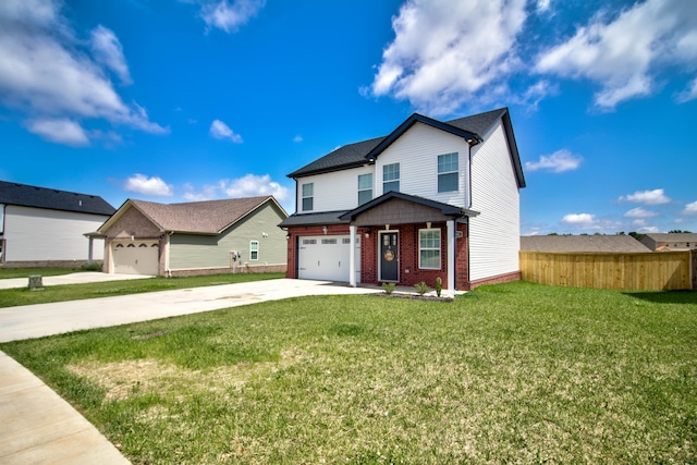 view of front facade with a front yard and a garage