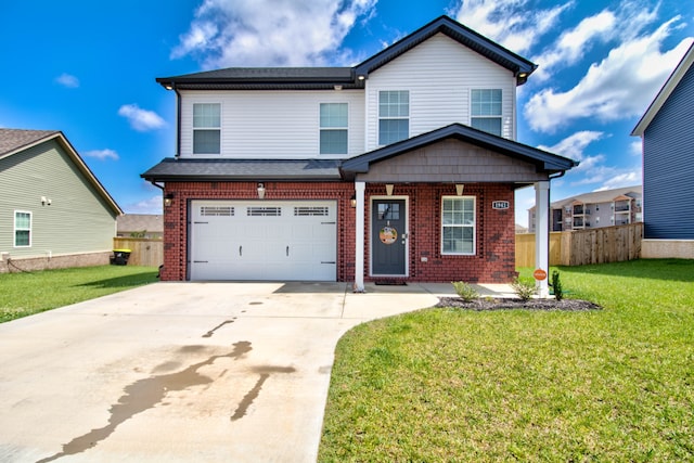 view of front facade featuring a front lawn and a garage