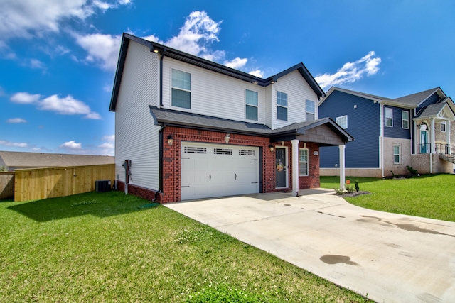 view of front of home with cooling unit, a garage, and a front lawn