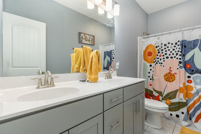 bathroom with tile patterned floors, vanity, toilet, and a shower with shower curtain