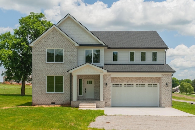 craftsman house featuring a front lawn and a garage