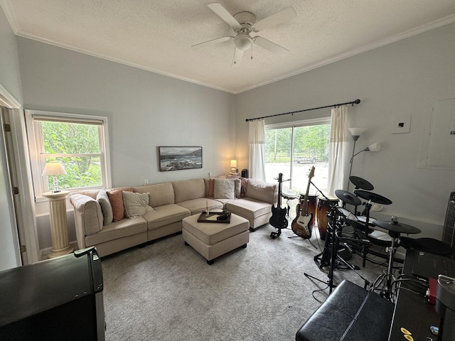 carpeted living room featuring ornamental molding, a textured ceiling, ceiling fan, and a healthy amount of sunlight