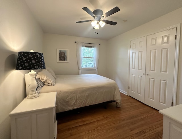 bedroom featuring ceiling fan, dark hardwood / wood-style flooring, and a closet