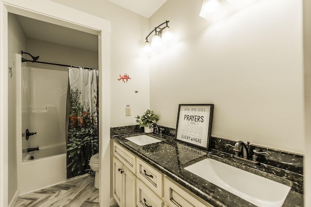 full bath featuring shower / tub combo, a sink, toilet, and double vanity