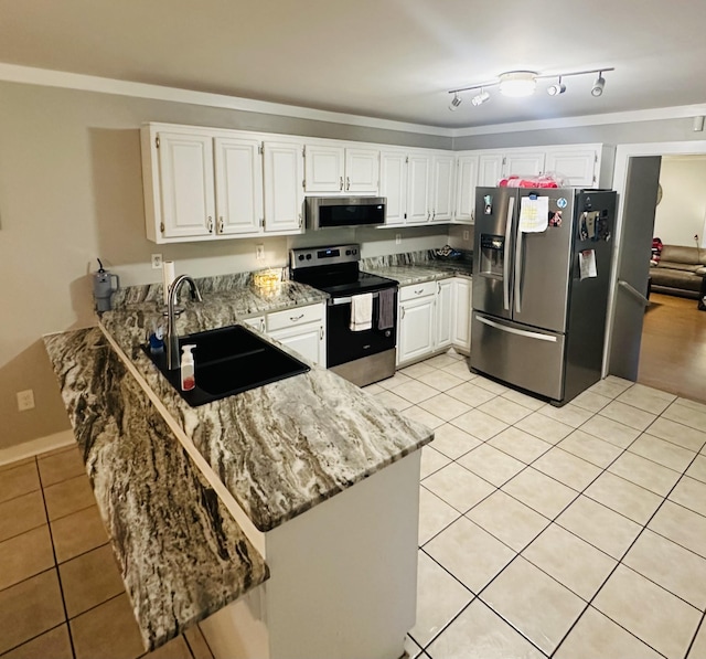 kitchen with white cabinetry, sink, stainless steel appliances, light stone counters, and light tile patterned floors