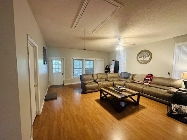 living room with ceiling fan, wood-type flooring, and a textured ceiling