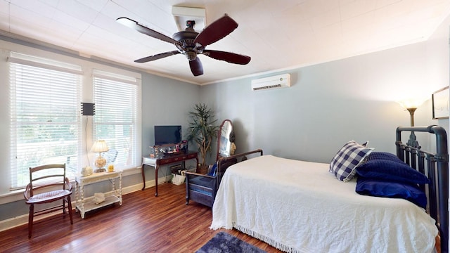 bedroom featuring a wall mounted AC, ceiling fan, and multiple windows