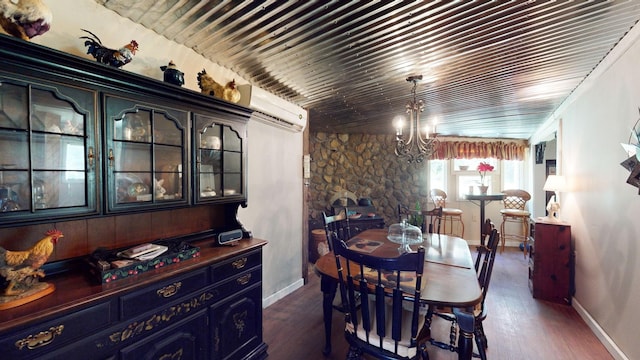 dining space with dark hardwood / wood-style floors, wooden ceiling, a chandelier, and a wall mounted AC