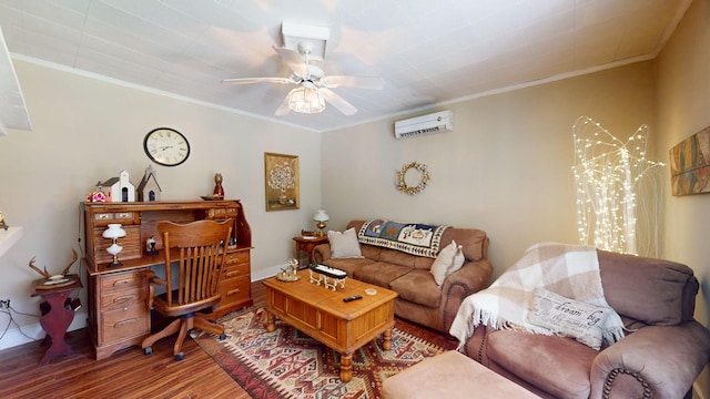 living room featuring hardwood / wood-style flooring, a wall unit AC, ceiling fan, and ornamental molding