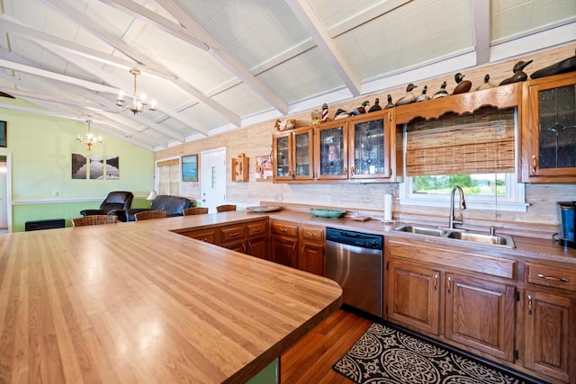 kitchen with wooden counters, sink, a notable chandelier, dishwasher, and vaulted ceiling with beams