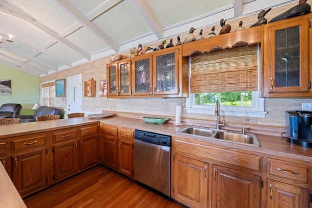 kitchen featuring decorative backsplash, sink, lofted ceiling with beams, dishwasher, and dark hardwood / wood-style floors