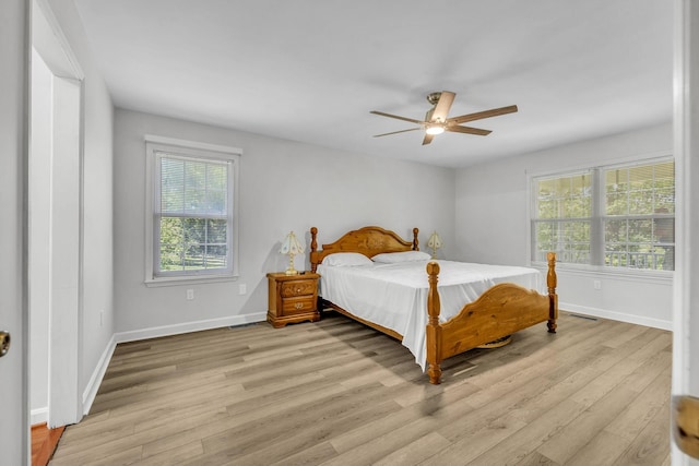 bedroom featuring light hardwood / wood-style floors and ceiling fan