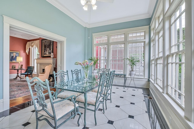 tiled dining area with ornamental molding