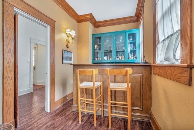 bar with dark wood-type flooring and ornamental molding