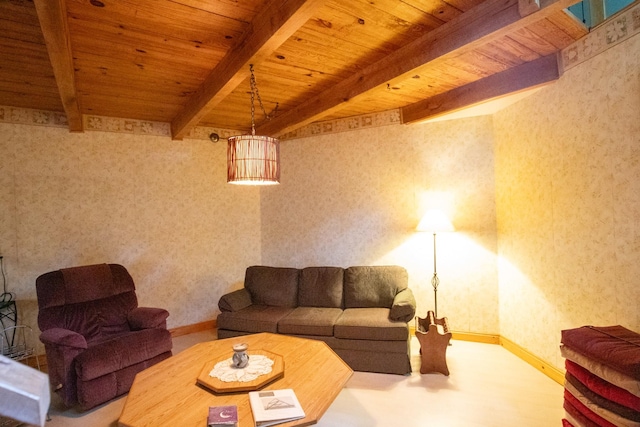 living room featuring beam ceiling and wooden ceiling