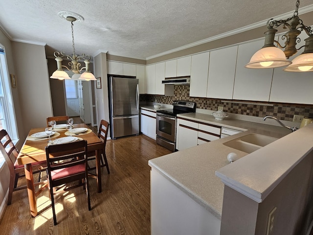 kitchen with white cabinetry, sink, hanging light fixtures, tasteful backsplash, and appliances with stainless steel finishes